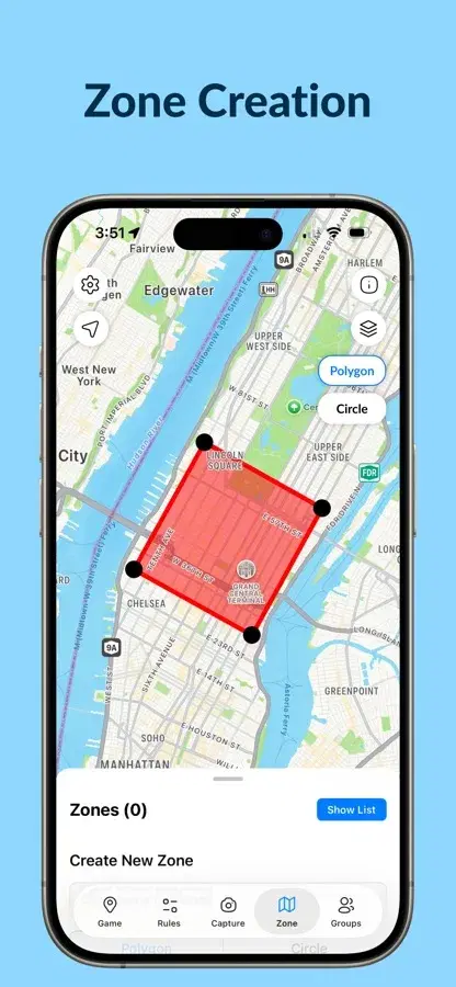 Creating a zone in Manhunt: four points dragged on the map form a red polygon over Midtown Manhattan, with Polygon and Circle options.