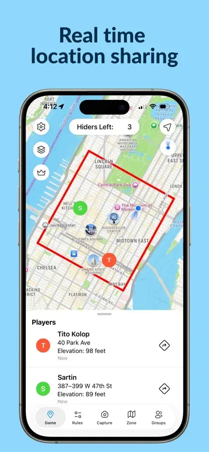 The Manhunt map during a game: players inside a red play area in Midtown Manhattan, with 3 hiders left and a list of players with their street and elevation.
